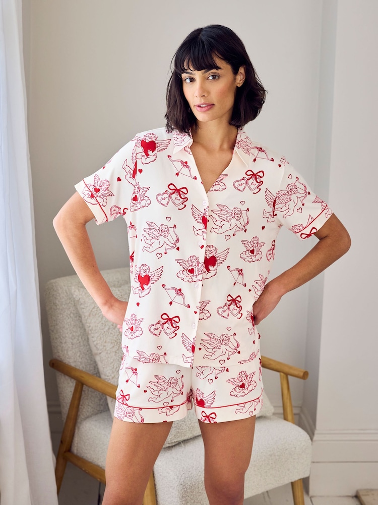 Chelsea Peers Pink Short Pyjamas Valentine's Cherubs Print Long Pyjamas Set - Image 1 of 5