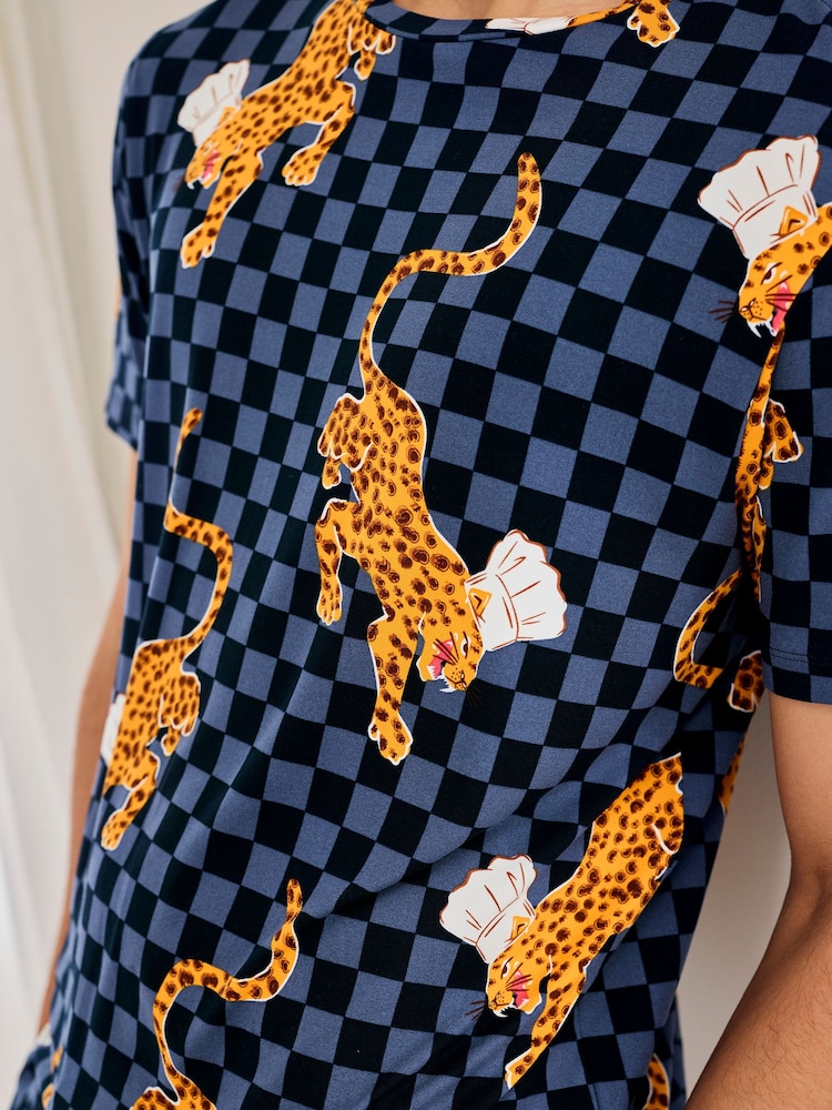 Chelsea Peers Blue Leopard Chef Print Crew Short Pyjamas Set - Image 6 of 6
