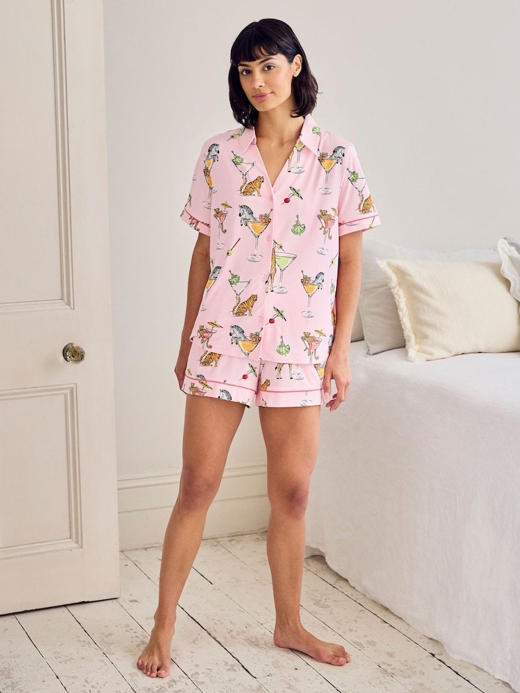 Chelsea Peers Pink Short Sleeve Martini Animals Print Long Pyjamas Set - Image 2 of 7