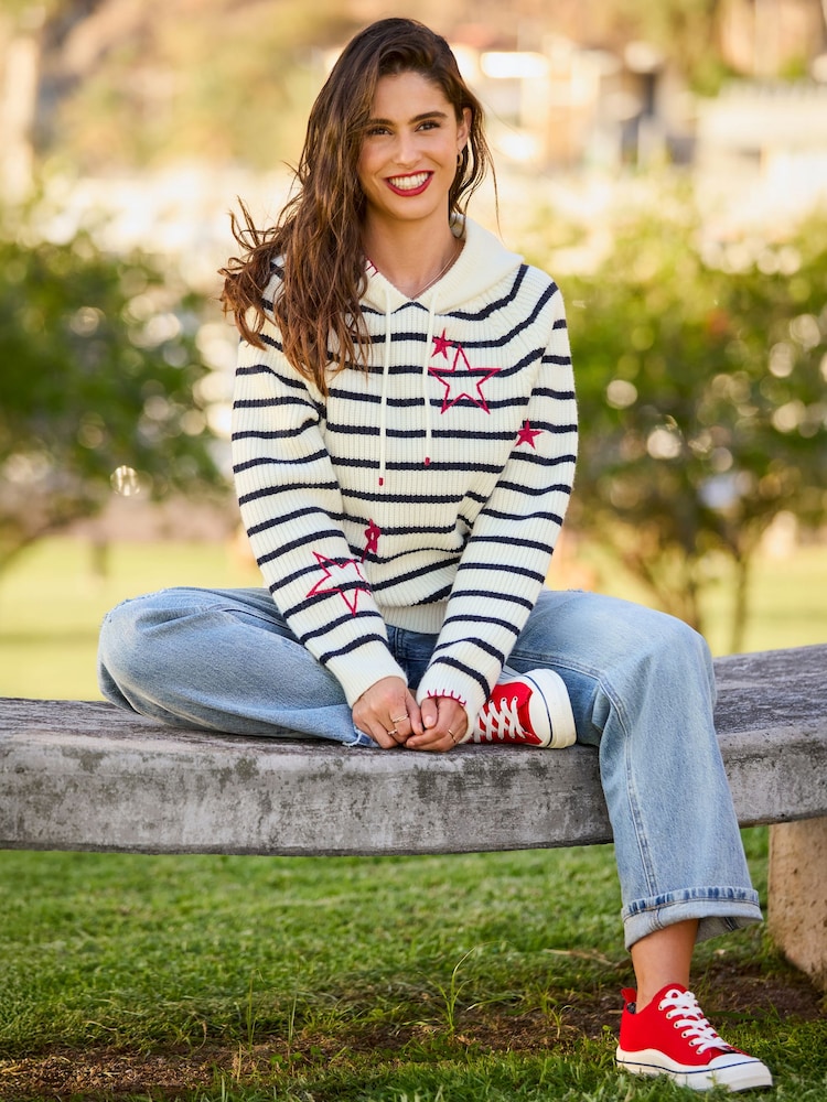 Joe Browns Cream Dotty Embroidered Stripe Knitted Hoodie - Image 1 of 9