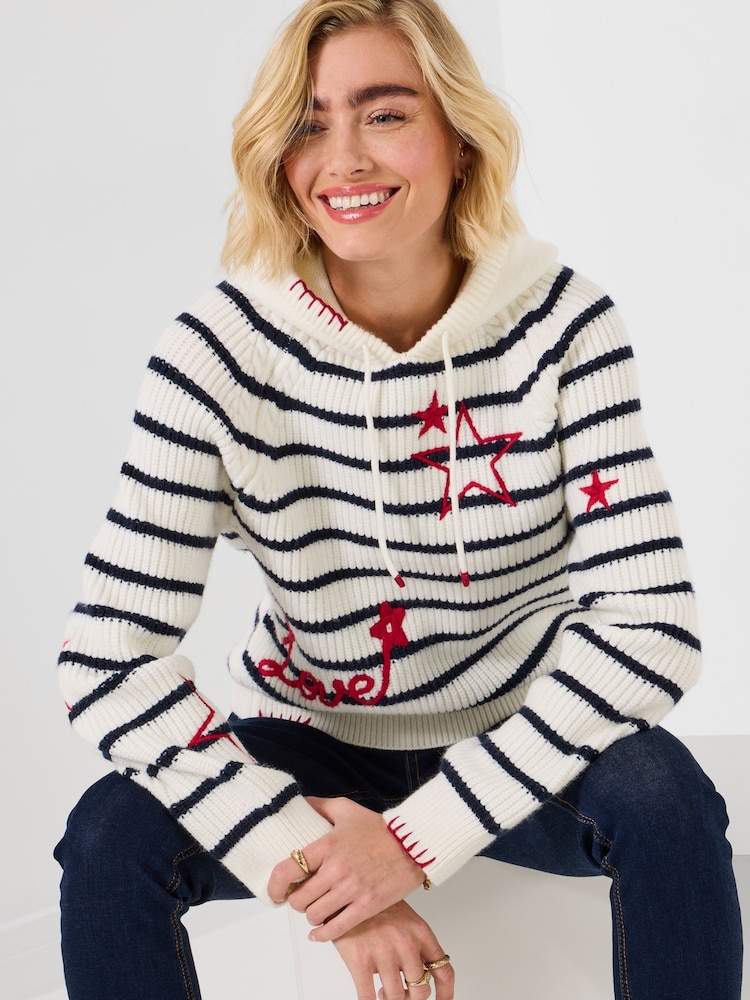 Joe Browns Cream Dotty Embroidered Stripe Knitted Hoodie - Image 2 of 9