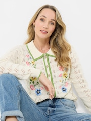 Joe Browns Cream Suzie Floral Embroidered Collared Pointelle Cardigan - Image 1 of 5