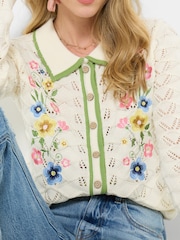 Joe Browns Cream Suzie Floral Embroidered Collared Pointelle Cardigan - Image 2 of 5