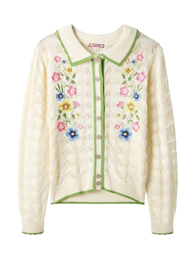 Joe Browns Cream Suzie Floral Embroidered Collared Pointelle Cardigan - Image 5 of 5