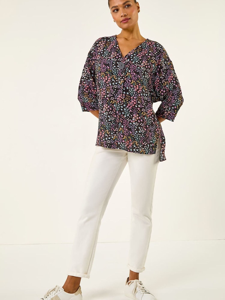 رداء عُلوي كيمونو بياقة حرف V وطبعة زهور صغيرة من Roman - Image 2 of 5