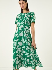 Roman Green Flower Print Pleat Neck Midi Dress - Image 1 of 5