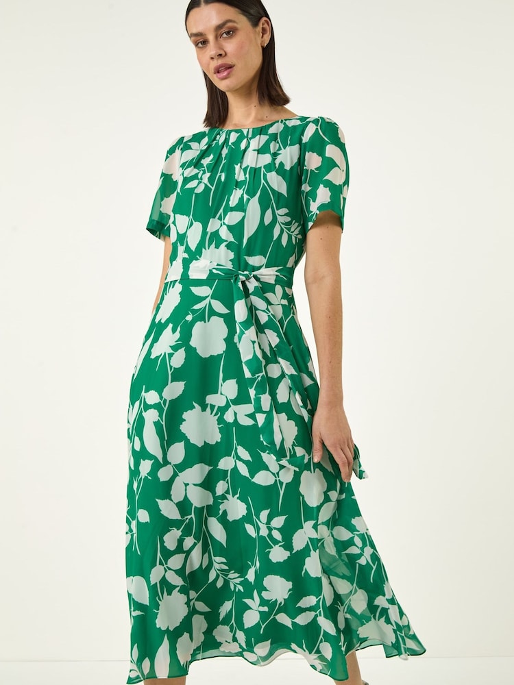 Roman Green Flower Print Pleat Neck Midi Dress - Image 1 of 5
