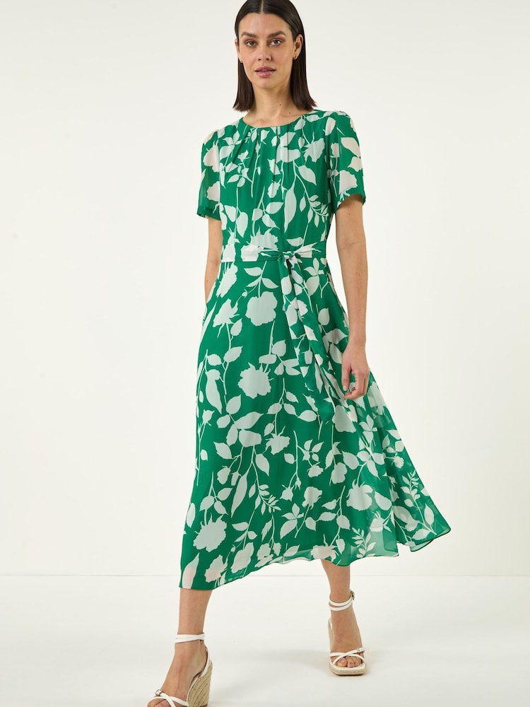 Roman Green Flower Print Pleat Neck Midi Dress - Image 2 of 5