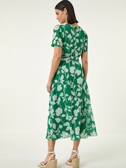 Roman Green Flower Print Pleat Neck Midi Dress - Image 3 of 5