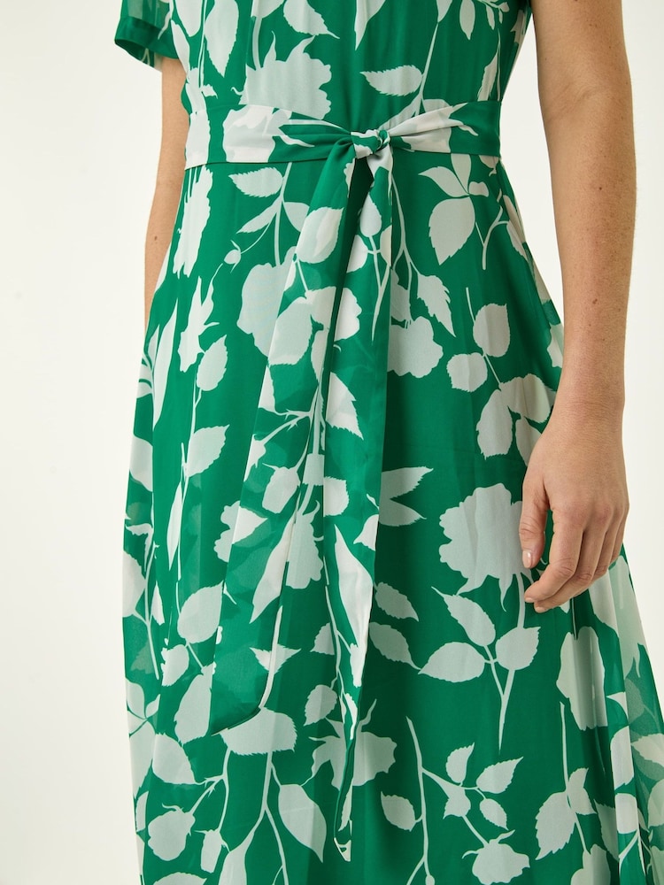 Verde - Roman Flower Print Pleat Neck Midi Dress - Imagen 6 de 6