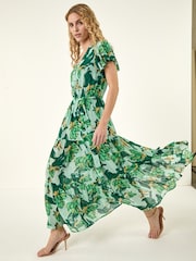 Roman Green Floral Tiered Tie Waist Midi Dress - Image 1 of 5
