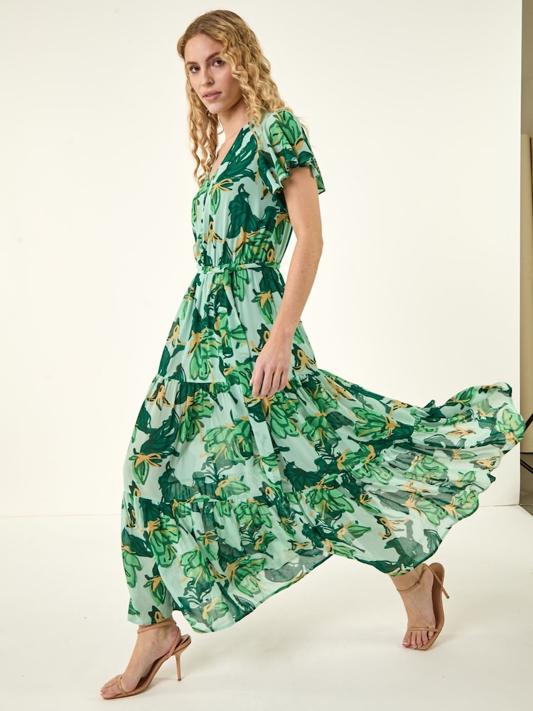 Roman Green Floral Tiered Tie Waist Midi Dress - Image 1 of 5