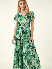 Roman Green Floral Tiered Tie Waist Midi Dress - Image 2 of 5