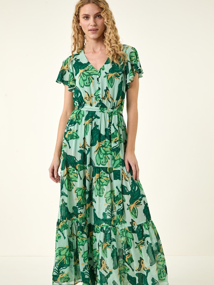 Roman Green Floral Tiered Tie Waist Midi Dress - Image 2 of 5