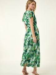 Roman Green Floral Tiered Tie Waist Midi Dress - Image 3 of 5