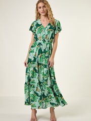 Roman Green Floral Tiered Tie Waist Midi Dress - Image 4 of 5