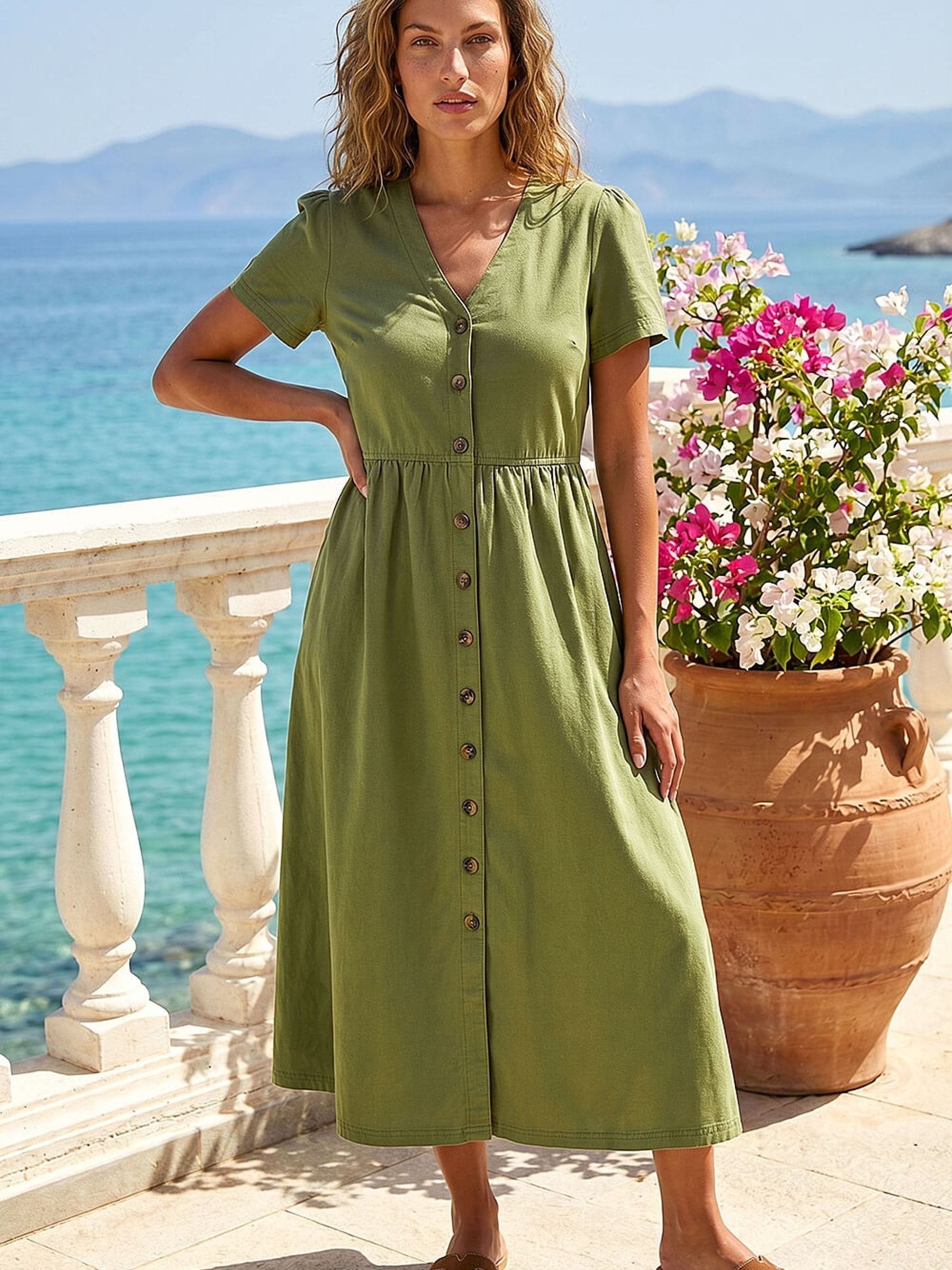 Roman Women's Green Denim Button Through Midi Dress