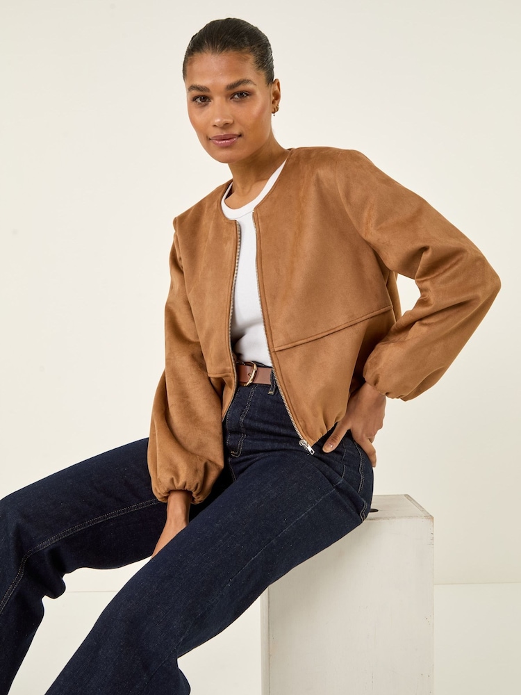 Roman Brown Faux Suede Bubble Hem Jacket - Image 1 of 5 Roman Brown Faux Suede Bubble Hem Jacket - Image 1 of 5