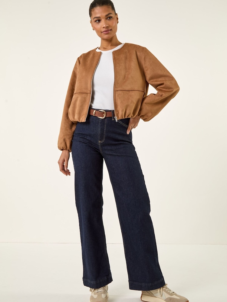 Roman Brown Faux Suede Bubble Hem Jacket - Image 2 of 5 Roman Brown Faux Suede Bubble Hem Jacket - Image 2 of 5