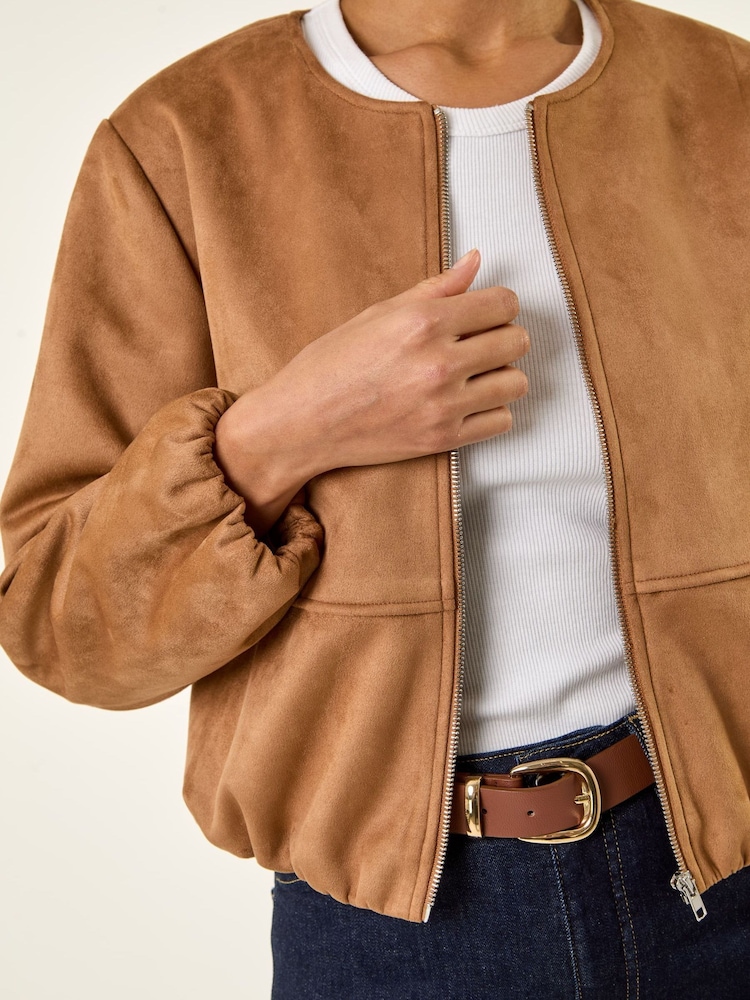 Roman Brown Faux Suede Bubble Hem Jacket - Image 5 of 5 Roman Brown Faux Suede Bubble Hem Jacket - Image 5 of 5