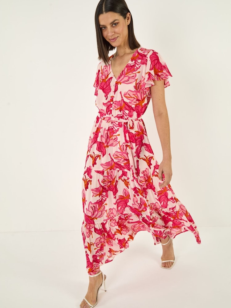 Roman Red Floral Tiered Tie Waist Midi Dress - Image 1 of 5