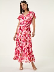 Roman Red Floral Tiered Tie Waist Midi Dress - Image 2 of 5