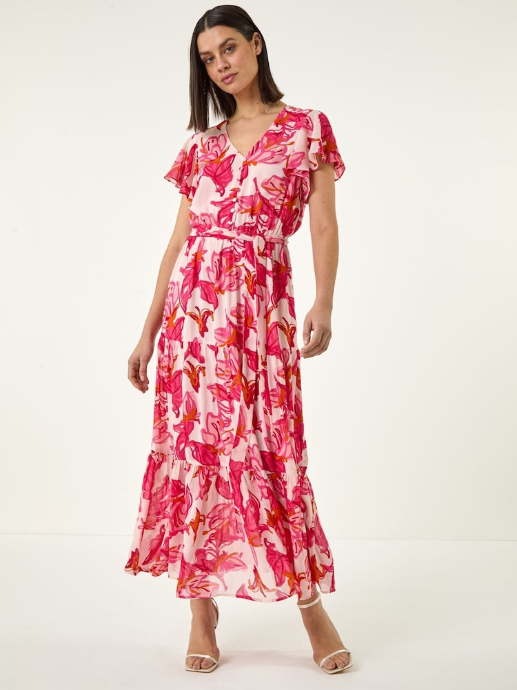 Roman Red Floral Tiered Tie Waist Midi Dress - Image 2 of 5