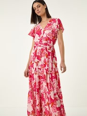 Roman Red Floral Tiered Tie Waist Midi Dress - Image 4 of 5