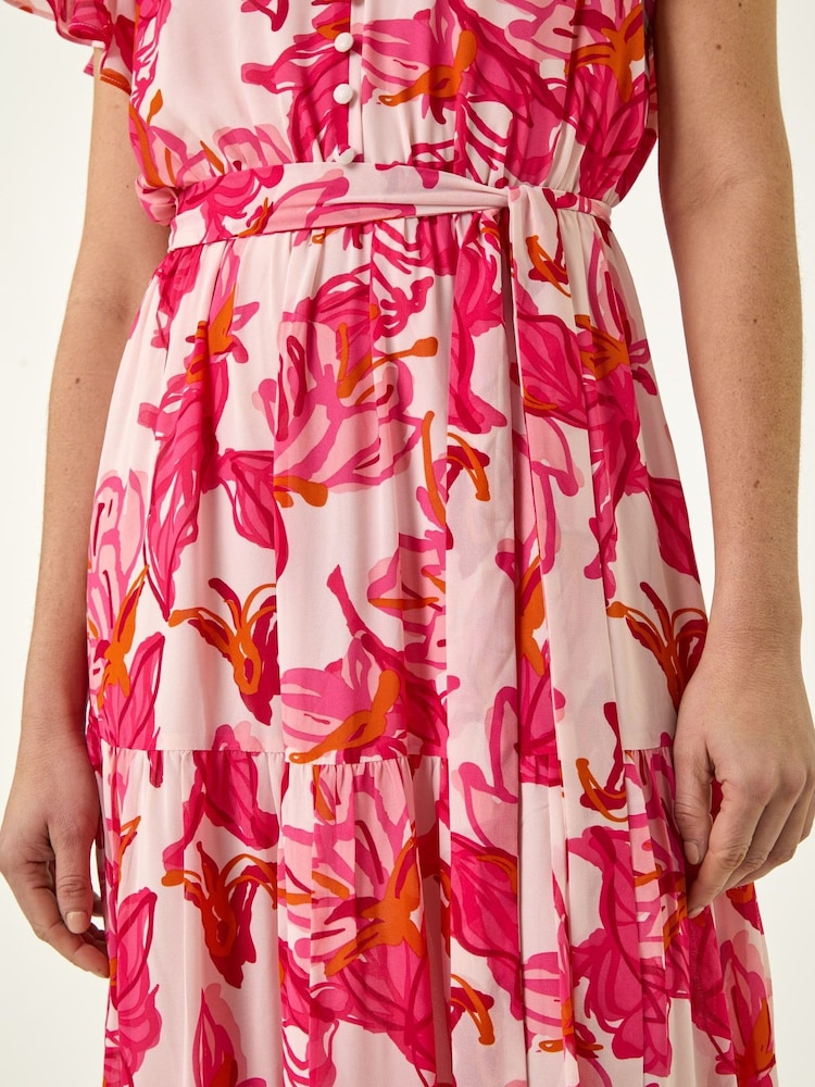 Roman Red Floral Tiered Tie Waist Midi Dress - Image 6 of 6