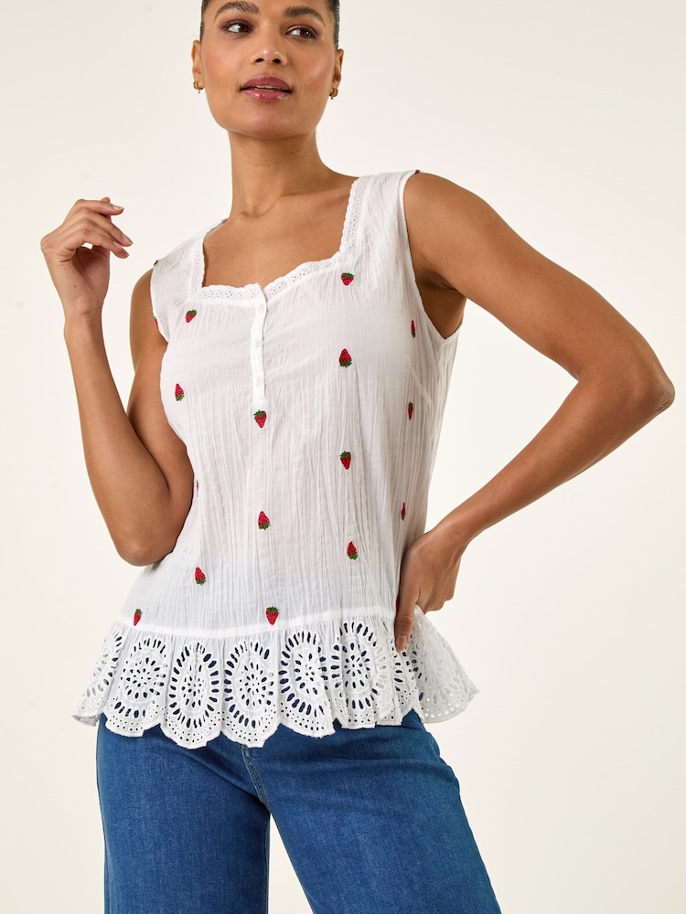 Roman White Strawberry Embroidered Crinkle Vest Top - Image 1 of 5