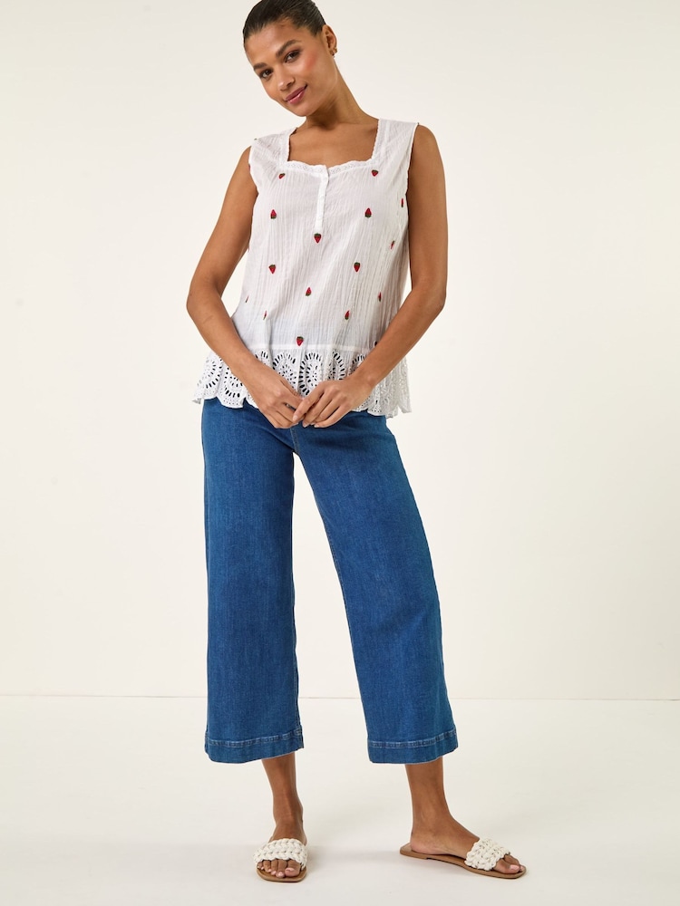 Roman White Strawberry Embroidered Crinkle Vest Top - Image 2 of 5