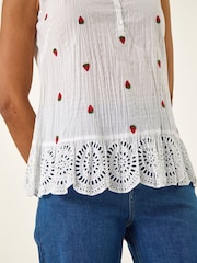 Roman White Strawberry Embroidered Crinkle Vest Top - Image 5 of 5