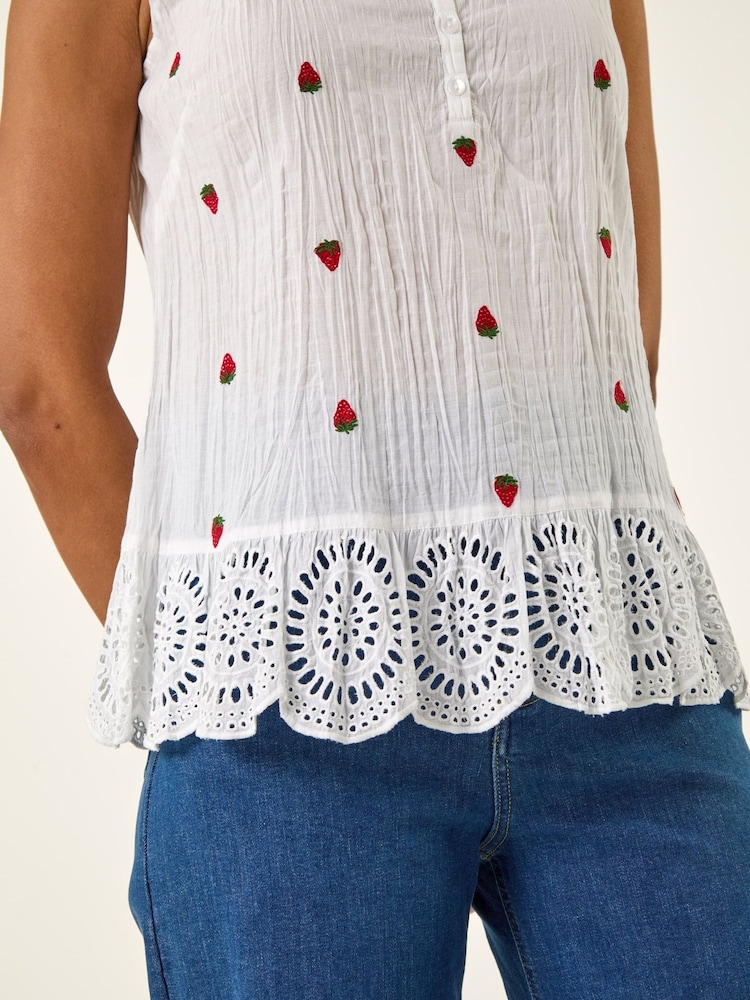 Roman White Strawberry Embroidered Crinkle Vest Top - Image 5 of 5