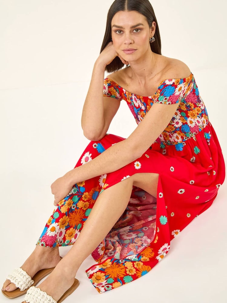 Roman Red Floral Print Bardot Shirred Midi Dress - Image 1 of 5