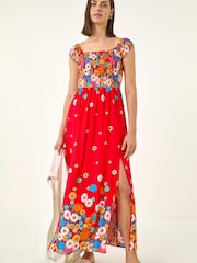 Roman Red Floral Print Bardot Shirred Midi Dress - Image 2 of 5
