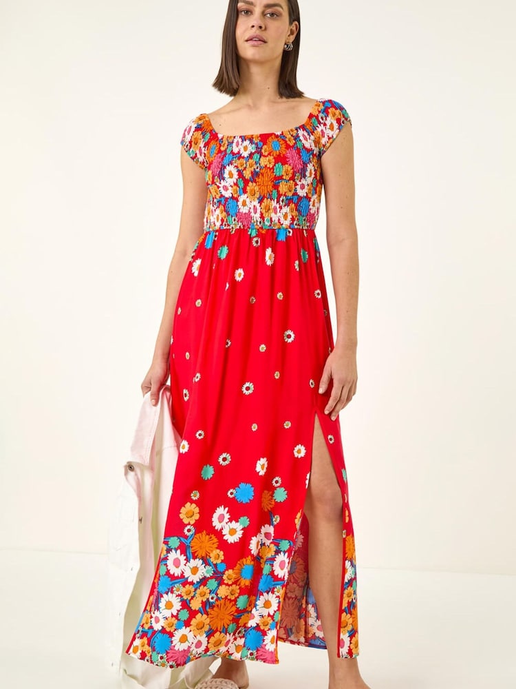 Roman Red Floral Print Bardot Shirred Midi Dress - Image 2 of 5