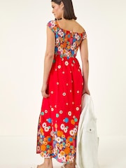 Roman Red Floral Print Bardot Shirred Midi Dress - Image 3 of 5