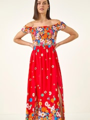 Roman Red Floral Print Bardot Shirred Midi Dress - Image 4 of 5