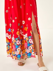 Roman Red Floral Print Bardot Shirred Midi Dress - Image 5 of 5