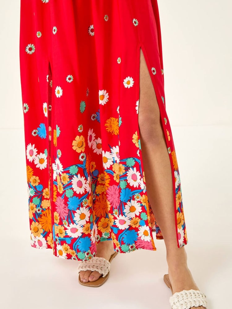 Roman Red Floral Print Bardot Shirred Midi Dress - Image 5 of 5