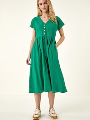 Roman Bright Green Linen Look Button Midi Dress - Image 4 of 5