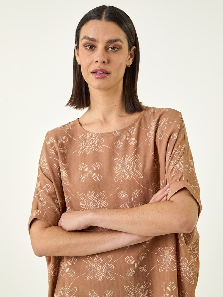 Roman Brown Floral Textured Buttoned Back Top - Image 6 of 6 Roman Brown Floral Textured Buttoned Back Top - Image 6 of 6