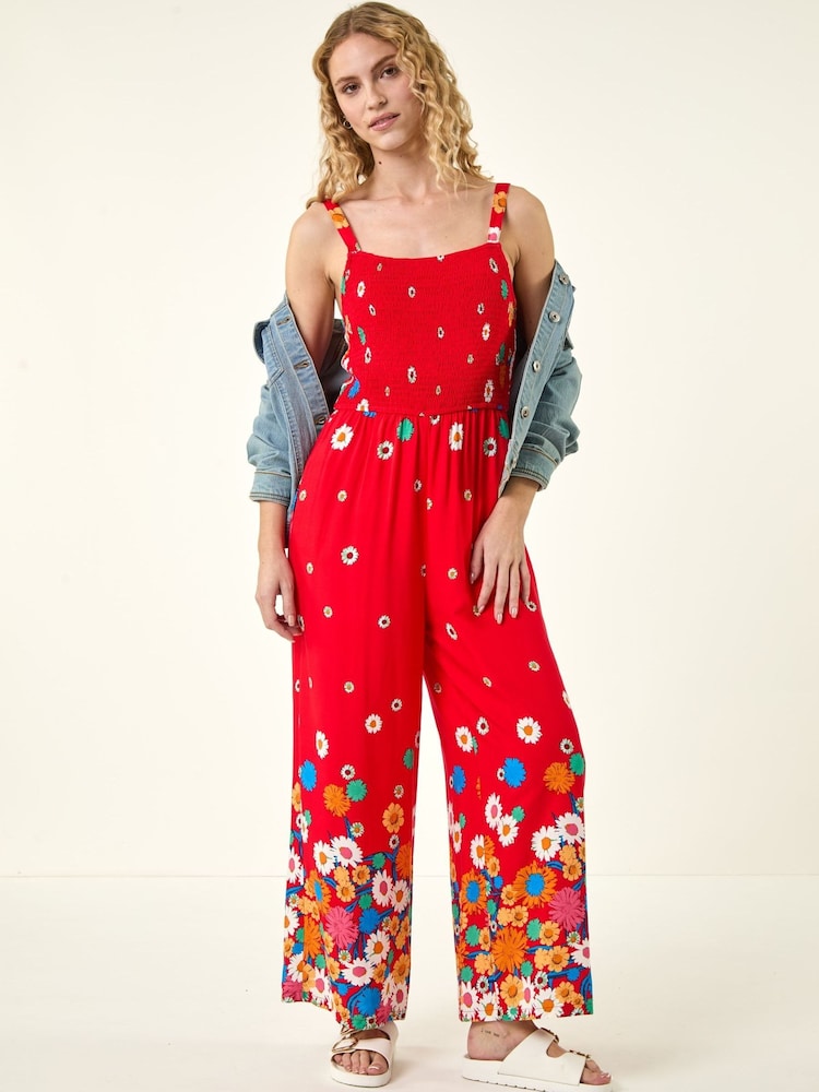 Roman Red Floral Border Print Shirred Jumpsuit - Image 1 of 5