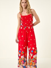 Roman Red Floral Border Print Shirred Jumpsuit - Image 2 of 5