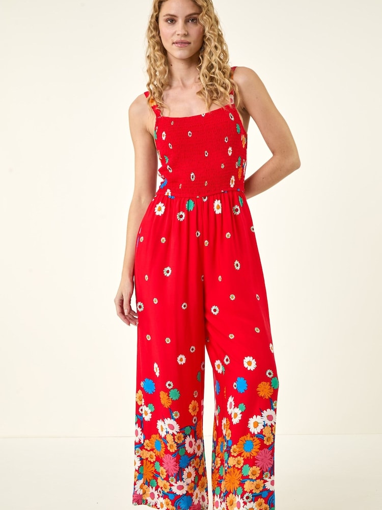 Roman Red Floral Border Print Shirred Jumpsuit - Image 2 of 5