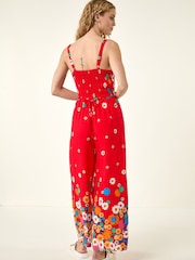 Roman Red Floral Border Print Shirred Jumpsuit - Image 3 of 5