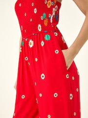 Roman Red Floral Border Print Shirred Jumpsuit - Image 5 of 5