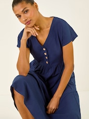 Roman Blue Linen Look Button Midi Dress - Image 1 of 5