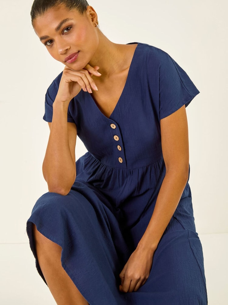 Roman Blue Linen Look Button Midi Dress - Image 1 of 5