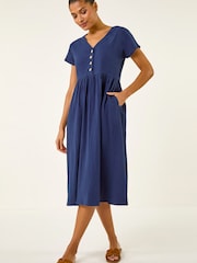 Roman Blue Linen Look Button Midi Dress - Image 2 of 5